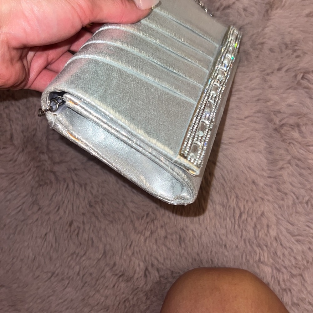 Silver formal classy clutch handbag small 8” purse removable chain link strap​ - Picture 5 of 14